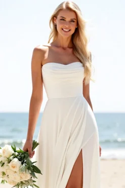 Vestidos de Noiva com Fenda Marfim Longo Sem Alças Linha-A