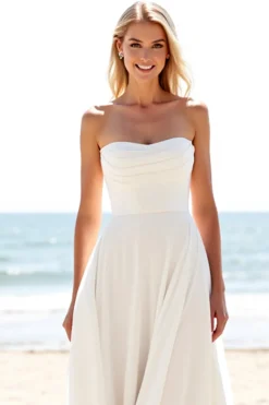 Vestidos de Noiva com Fenda Marfim Longo Sem Alças Linha-A