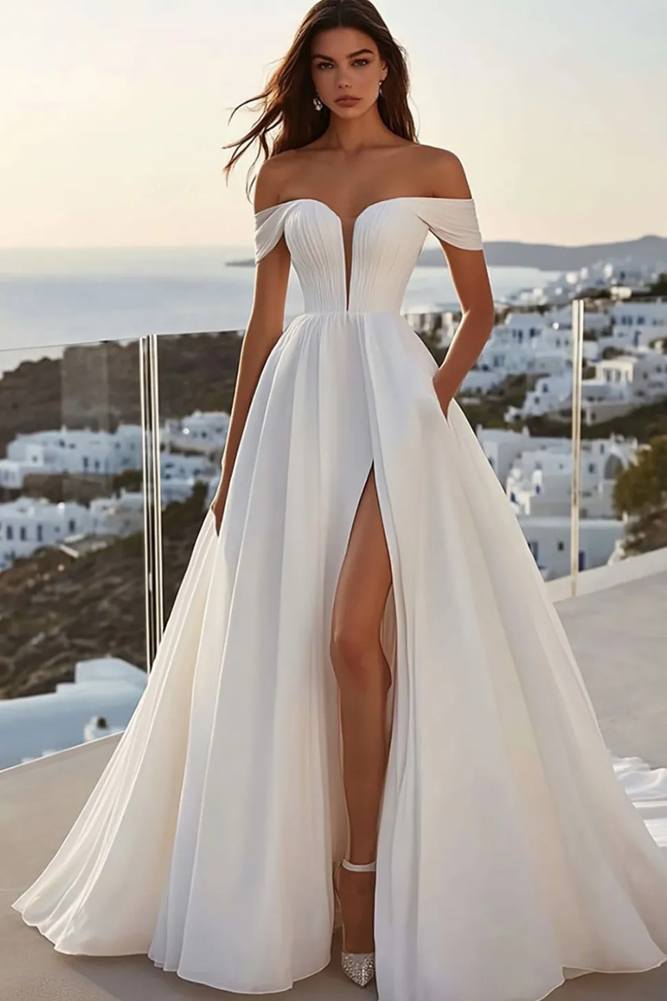 Vestidos de Noiva com Fenda Marfim Fora do Ombro Linha-A Longo