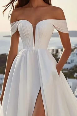 Vestidos de Noiva com Fenda Marfim Fora do Ombro Linha-A Longo