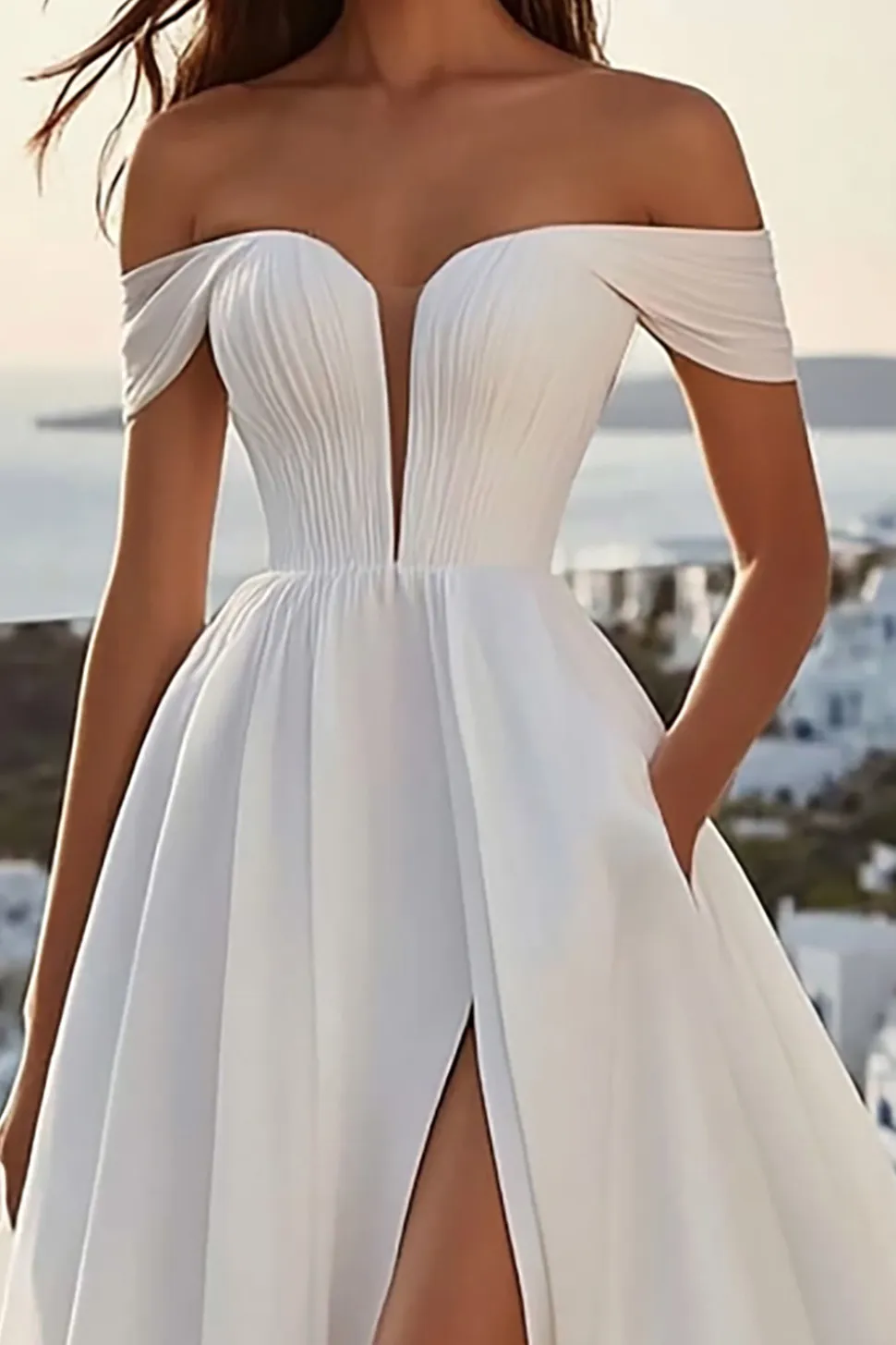 Vestidos de Noiva com Fenda Marfim Fora do Ombro Linha-A Longo