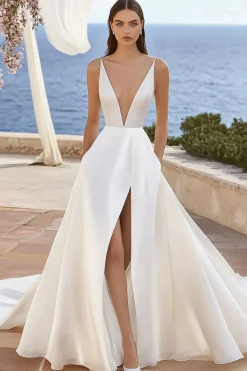 Vestidos de Noiva com Fenda Decote em V Marfim Linha-A Longo