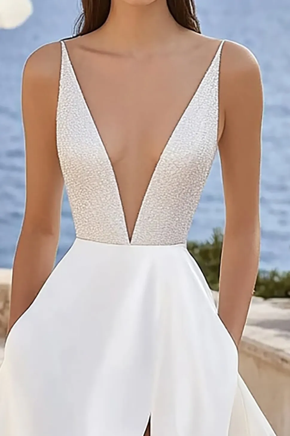 Vestidos de Noiva com Fenda Decote em V Marfim Linha-A Longo