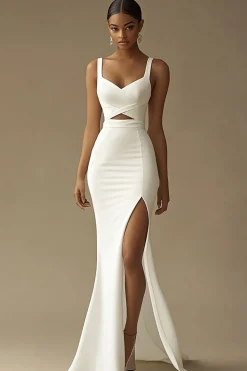 Vestidos de Noiva com Fenda Sereia Branco Longo Cetim