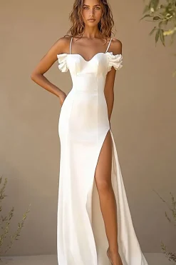 Vestidos de Noiva com Fenda Branco Sereia Alças Finas Cetim Longo