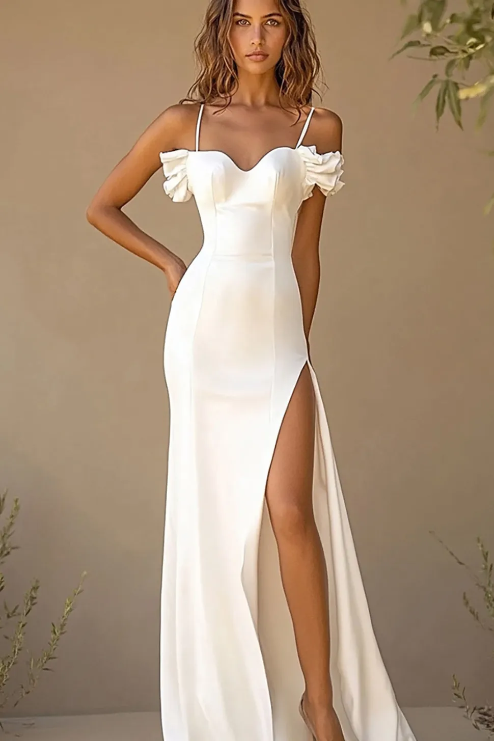 Vestidos de Noiva com Fenda Branco Sereia Alças Finas Cetim Longo