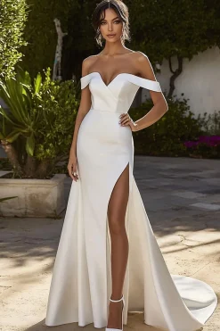 Vestidos de Noiva com Fenda MarfimFora do Ombro Sereia Longo Cetim