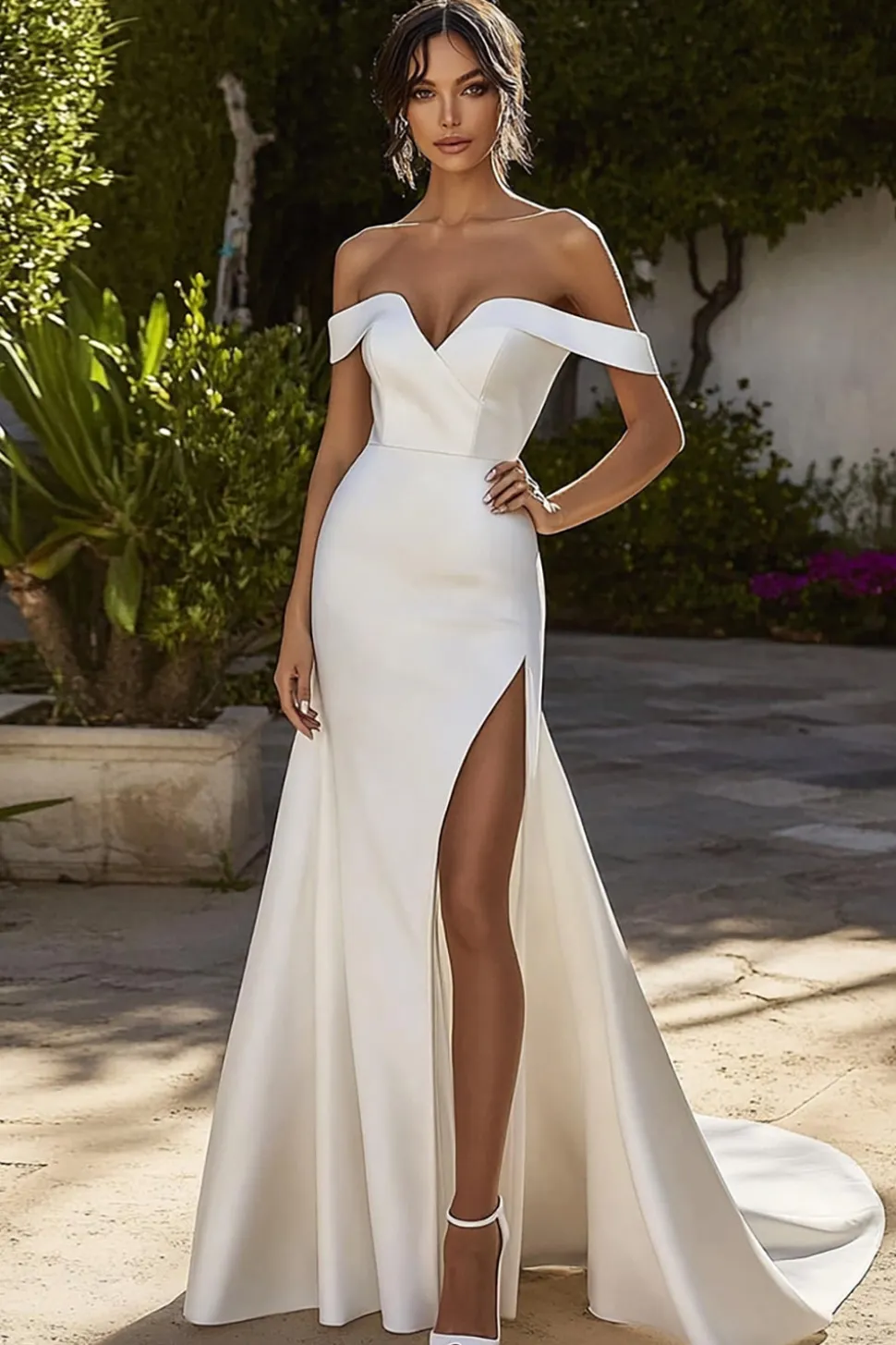 Vestidos de Noiva com Fenda MarfimFora do Ombro Sereia Longo Cetim