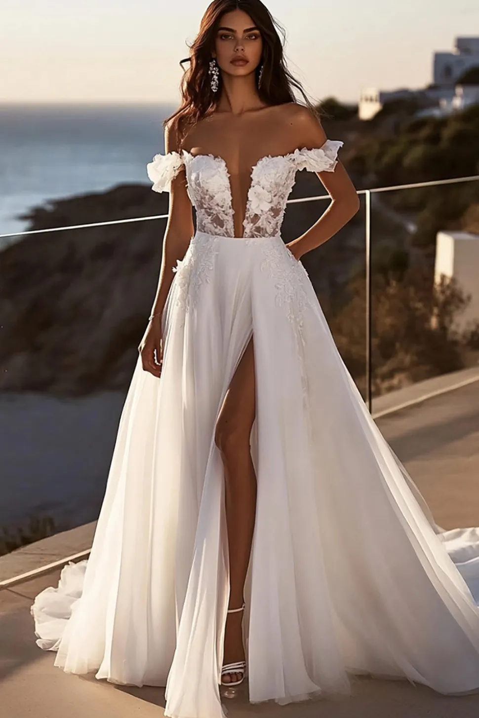 Vestidos de Noiva com Fenda Linha-A Fora do Ombro Marfim Longo Renda
