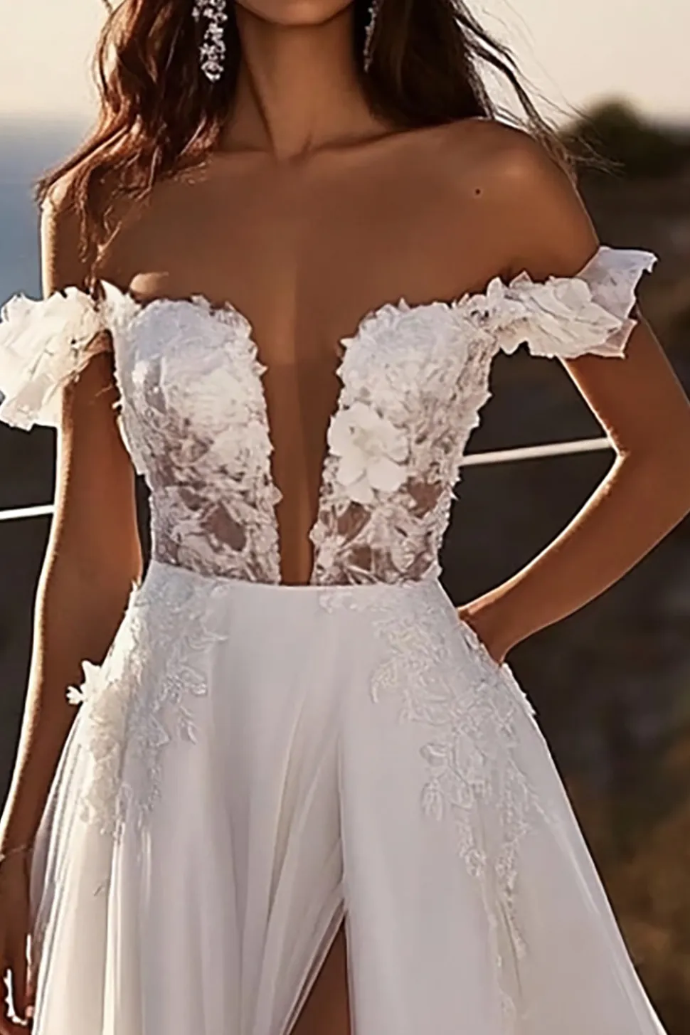 Vestidos de Noiva com Fenda Linha-A Fora do Ombro Marfim Longo Renda