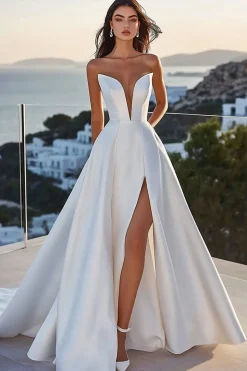 Vestidos de Noiva com Fenda Marfim Linha-A Sem Alças Cetim Longo
