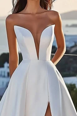 Vestidos de Noiva com Fenda Marfim Linha-A Sem Alças Cetim Longo