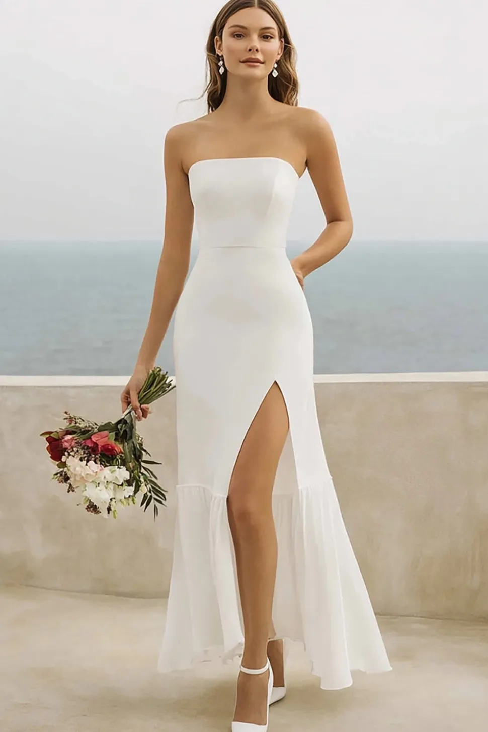 Vestidos de Noiva com Fenda Longo Bainha Branco Sem Alças