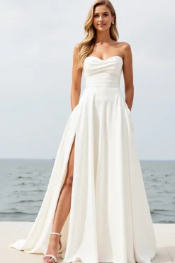 Vestidos de Noiva com Fenda Marfim Sem Alça Linha-A Chiffon Longo