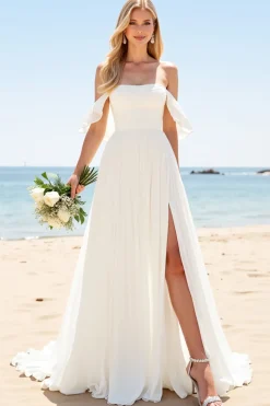 Vestidos de Noiva com Fenda Longo Marfim Linha-A Fora do Ombro