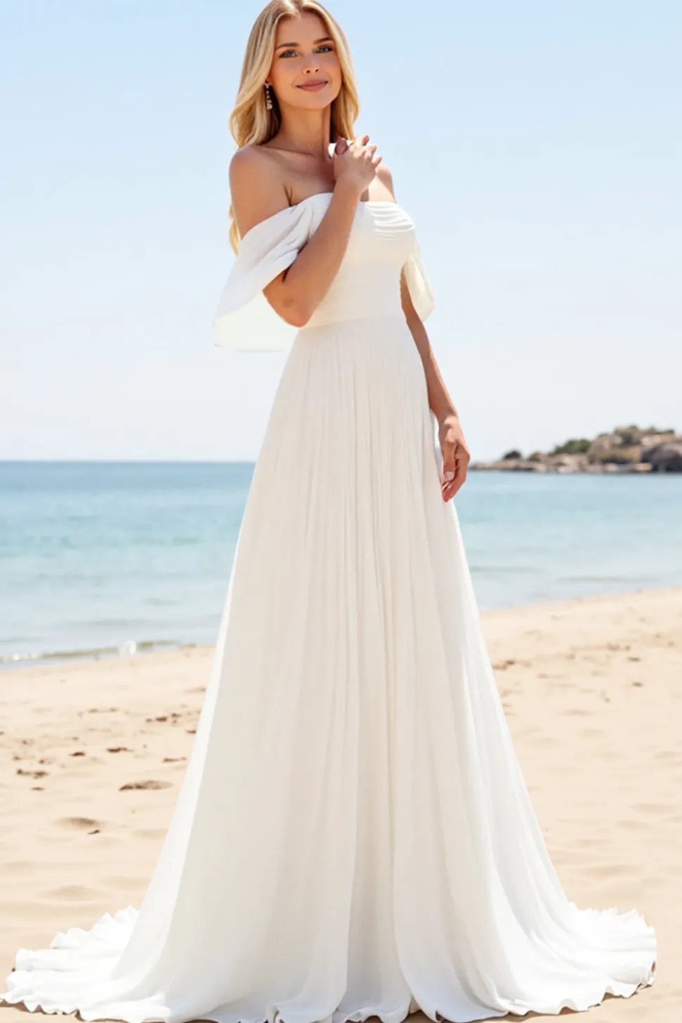 Vestidos de Noiva com Fenda Longo Marfim Linha-A Fora do Ombro