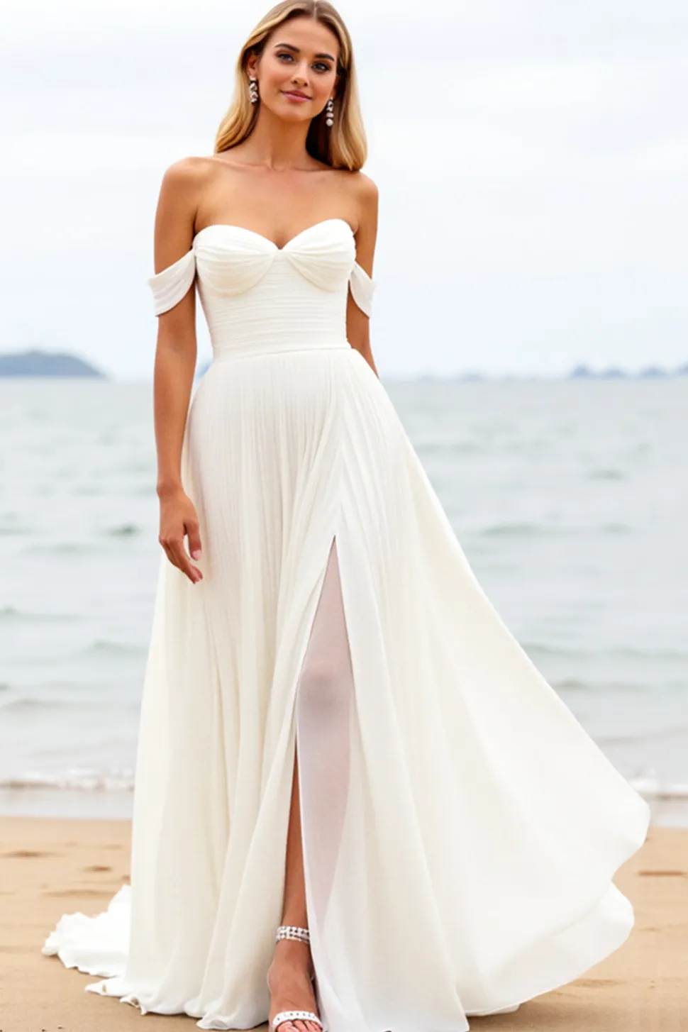 Vestidos de Noiva com Fenda Marfim De Baile/Princesa Longo Sem Ombros