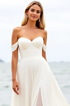 Vestidos de Noiva com Fenda Marfim De Baile/Princesa Longo Sem Ombros