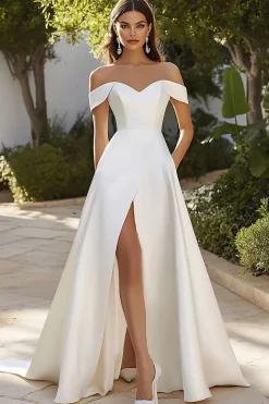 Vestidos de Noiva com Fenda Fora do Ombro Cetim Linha-A Longo