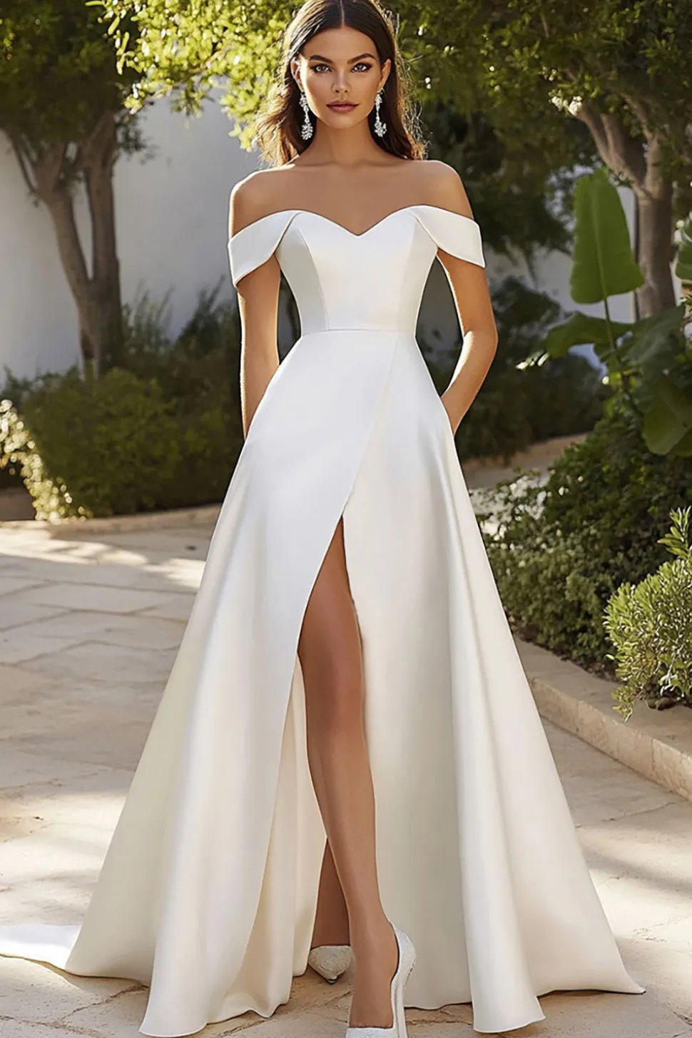 Vestidos de Noiva com Fenda Fora do Ombro Cetim Linha-A Longo