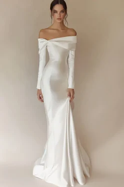 Vestidos de Noiva com Mangas Compridas Branco Fora do Ombro Sereia