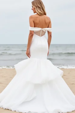 Vestidos de Noiva Fora do Ombro Longo Sereia Marfim Cetim