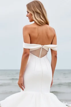 Vestidos de Noiva Fora do Ombro Longo Sereia Marfim Cetim