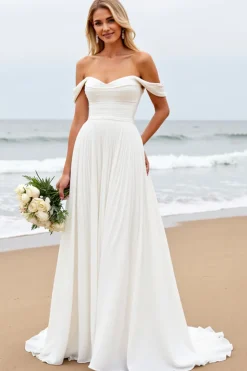Vestidos de Noiva Fora do Ombro Plissado Linha-A