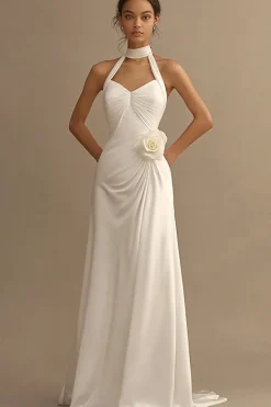 Vestidos de Noiva Linha-A Branco Cabeçada Flores Longo Ruched Cetim