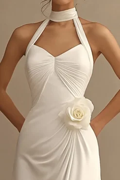 Vestidos de Noiva Linha-A Branco Cabeçada Flores Longo Ruched Cetim