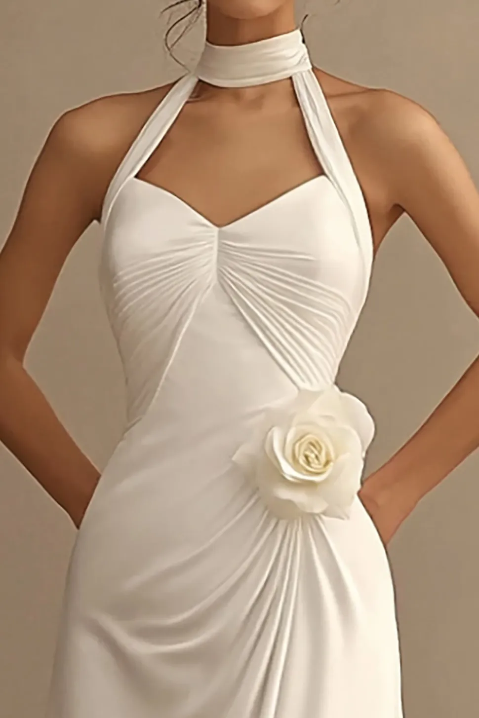 Vestidos de Noiva Linha-A Branco Cabeçada Flores Longo Ruched Cetim