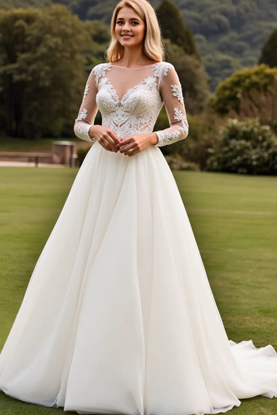 Vestidos de Noiva Linha-A Apliques Marfim Longo Renda Decote em V