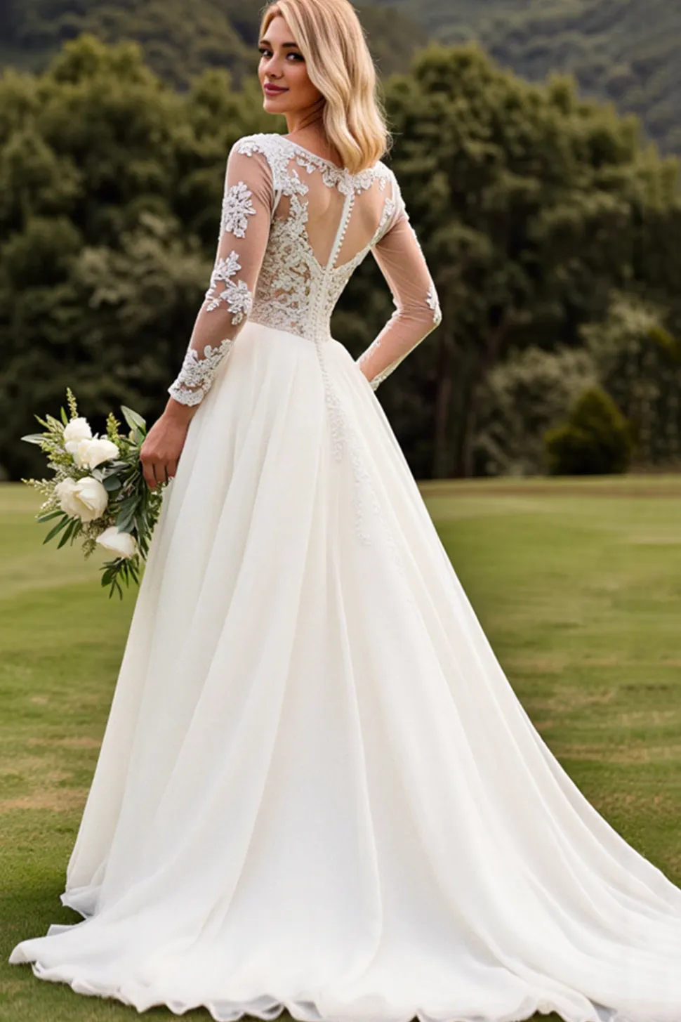 Vestidos de Noiva Linha-A Apliques Marfim Longo Renda Decote em V