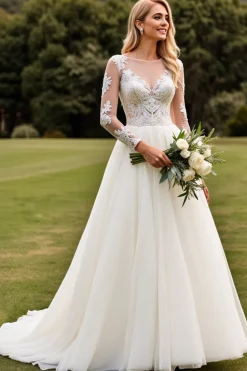 Vestidos de Noiva Linha-A Apliques Marfim Longo Renda Decote em V
