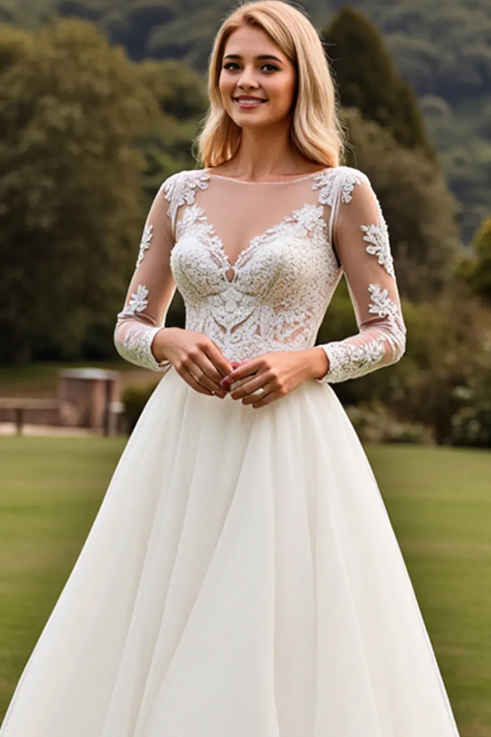 Vestidos de Noiva Linha-A Apliques Marfim Longo Renda Decote em V
