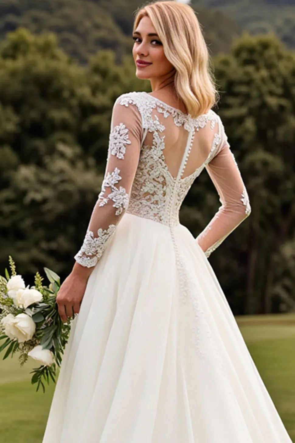 Vestidos de Noiva Linha-A Apliques Marfim Longo Renda Decote em V