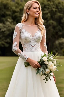 Vestidos de Noiva Linha-A Apliques Marfim Longo Renda Decote em V