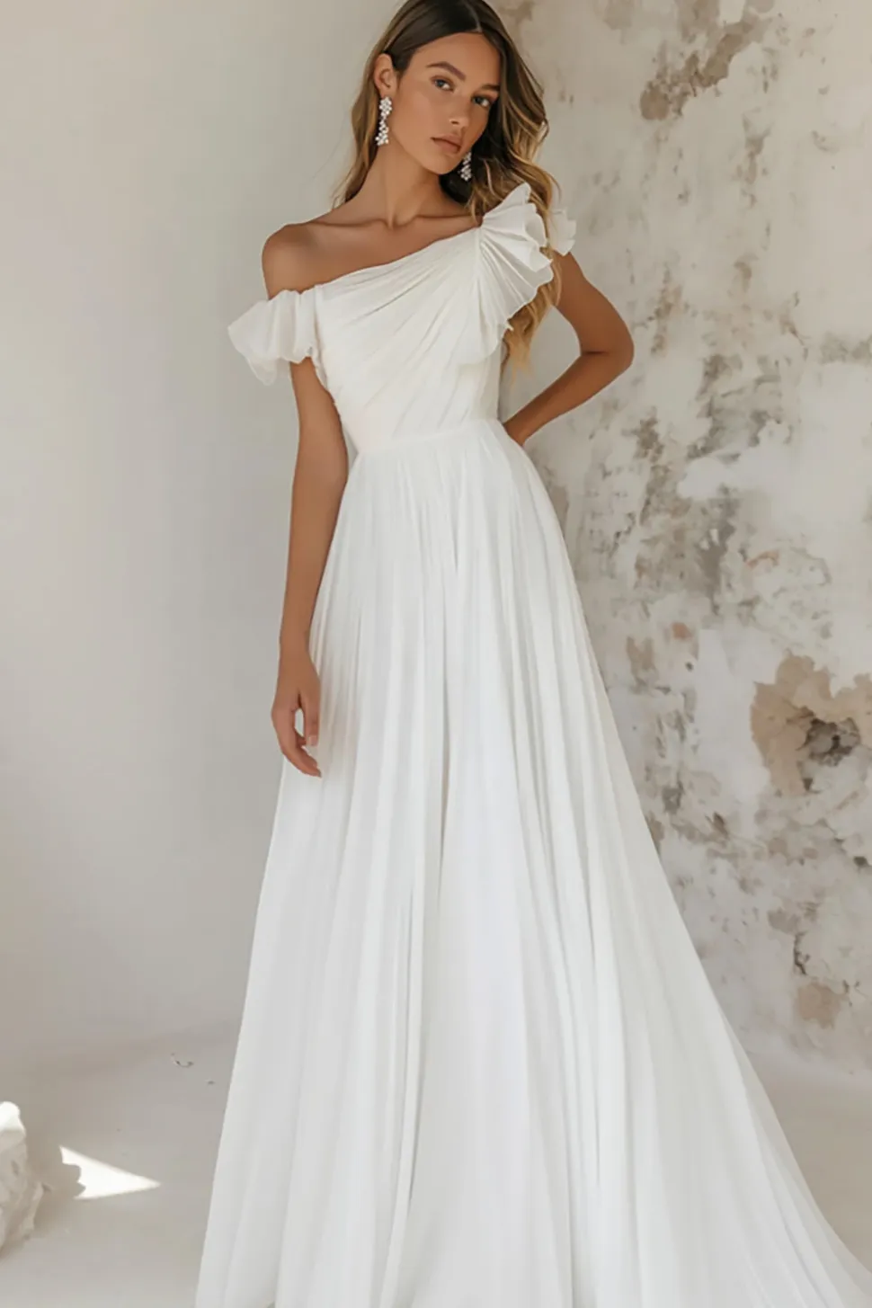 Vestidos de Noiva Longo Branco Fora do Ombro Linha-A