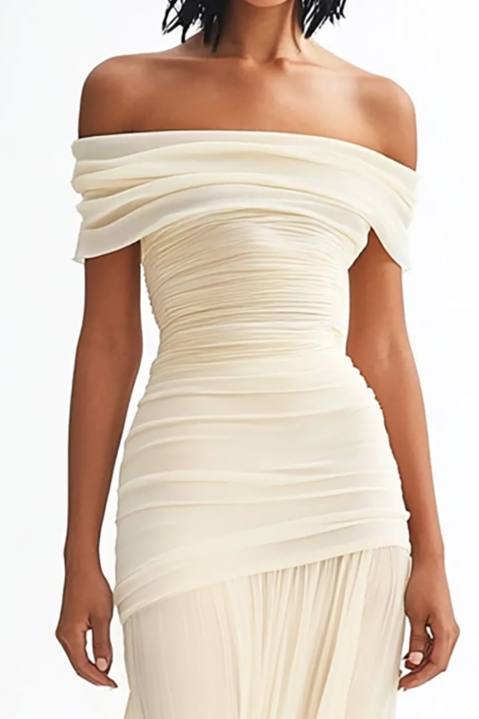 Vestidos de Noiva Longo Fora do Ombro Marfim Ruched Chiffon Bainha