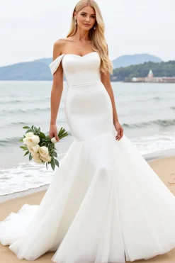 Vestidos de Noiva Longo Fora do Ombro Sereia Organza