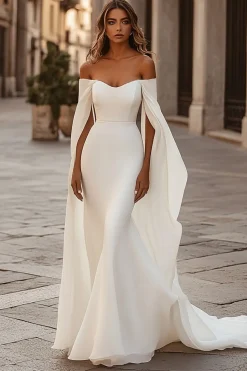 Vestidos de Noiva Marfim Fora do Ombro Sereia Longo Cetim