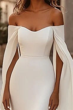 Vestidos de Noiva Marfim Fora do Ombro Sereia Longo Cetim