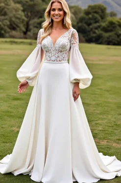 Vestidos de Noiva Marfim Longo Linha-A Mangas Compridas Apliques