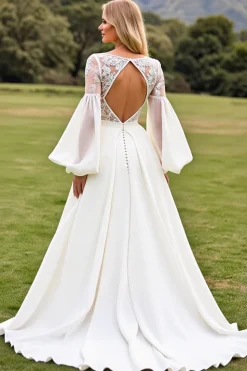 Vestidos de Noiva Marfim Longo Linha-A Mangas Compridas Apliques