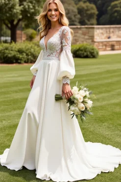 Vestidos de Noiva Marfim Longo Linha-A Mangas Compridas Apliques