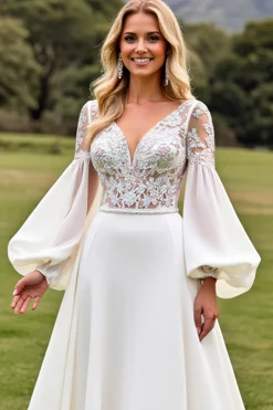 Vestidos de Noiva Marfim Longo Linha-A Mangas Compridas Apliques