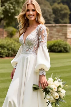 Vestidos de Noiva Marfim Longo Linha-A Mangas Compridas Apliques