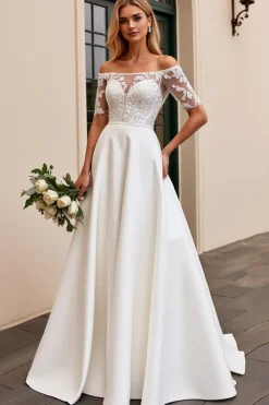 Vestidos de Noiva Marfim Linha-A Fora do Ombro Renda Longo