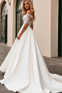 Vestidos de Noiva Marfim Linha-A Fora do Ombro Renda Longo