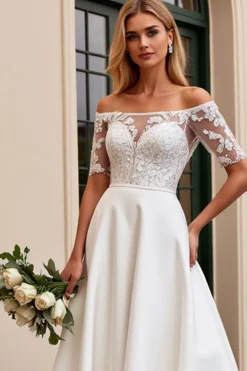 Vestidos de Noiva Marfim Linha-A Fora do Ombro Renda Longo